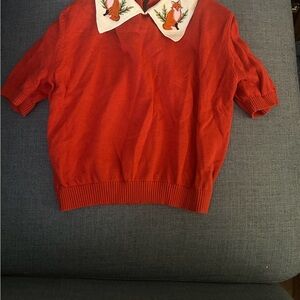UK6 2XS—fit like a XXS— rare ModCloth x Collectif red/rust sweater w/ Fox Collar